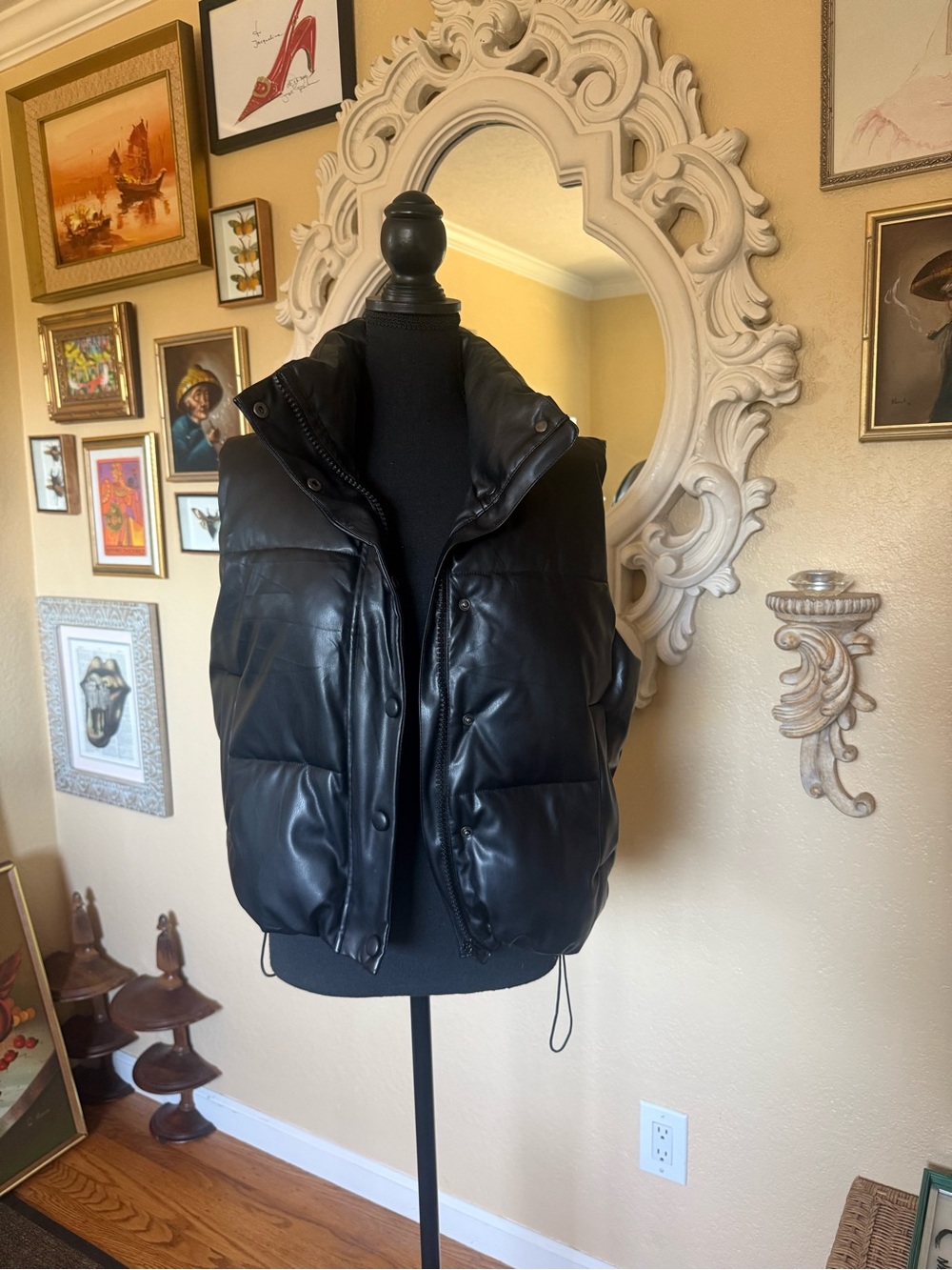 Black faux leather, puffer jacket vest